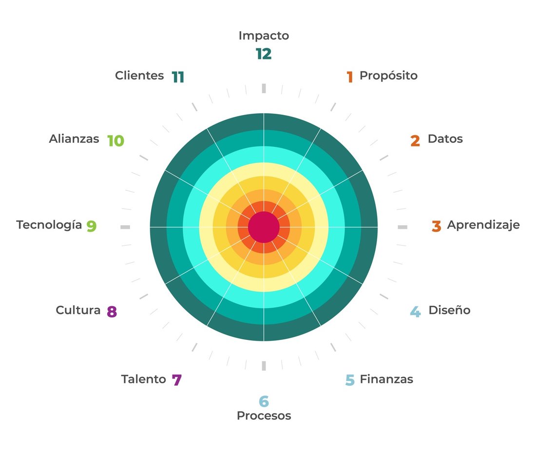 Diagrama radial del Modelo de Evolución Organizacional Consciente: 12 dimensiones y 8 niveles evolutivos